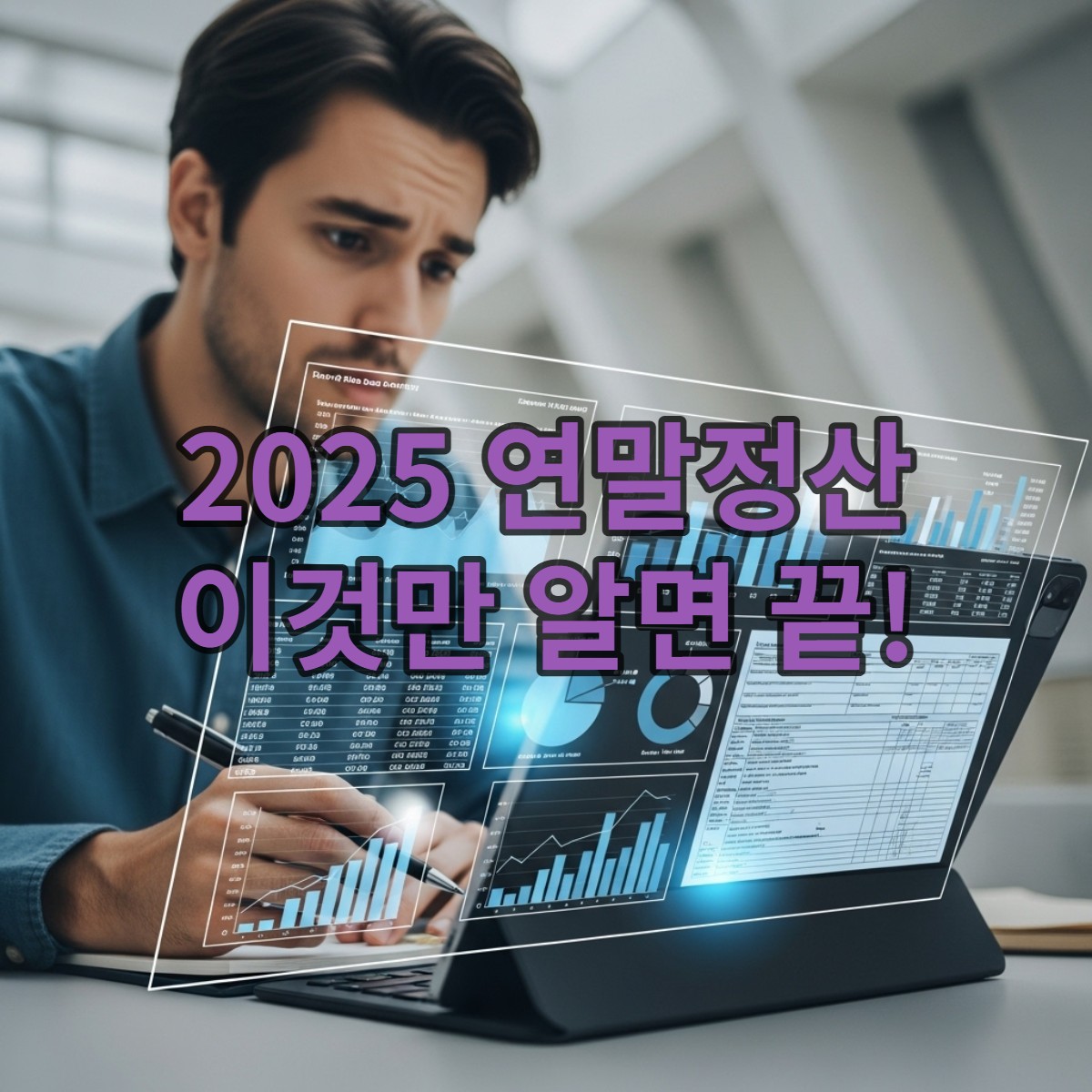 2025년 연말정산 개정세법을 검토하며 노트북 화면을 보고 있는 사람의 모습. 복잡한 세금 서류와 차트가 보이며, 차분하면서도 전문적인 분위기다.