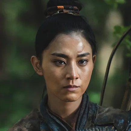 20대 여성이 머리를 위로 말아 올리고 청색 무복에 가죽 갑옷을 입고 등뒤에는 활을 매고 있는 아라문의 검 미루솔