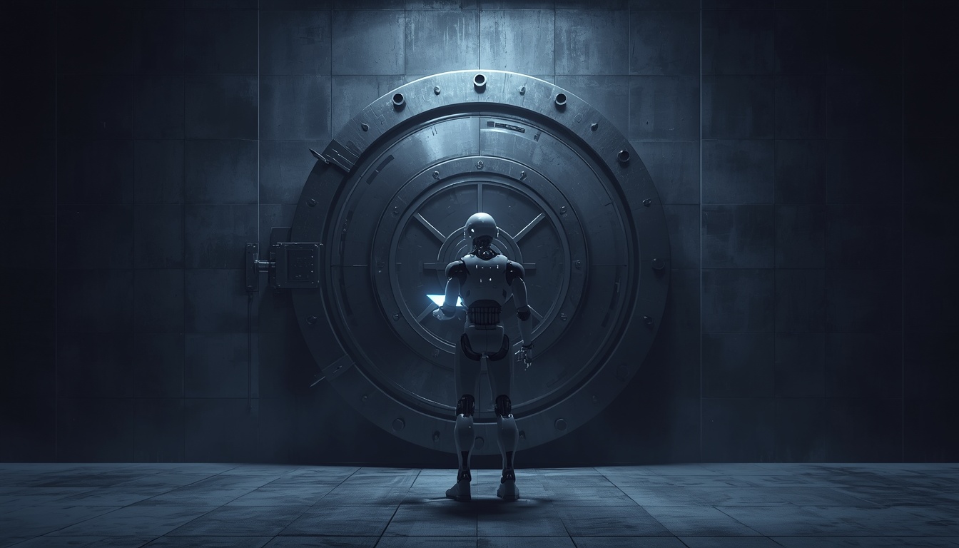 A robot looking at a heavy bank vault door, symbolizing the limitation of traditional finance for AI agents.