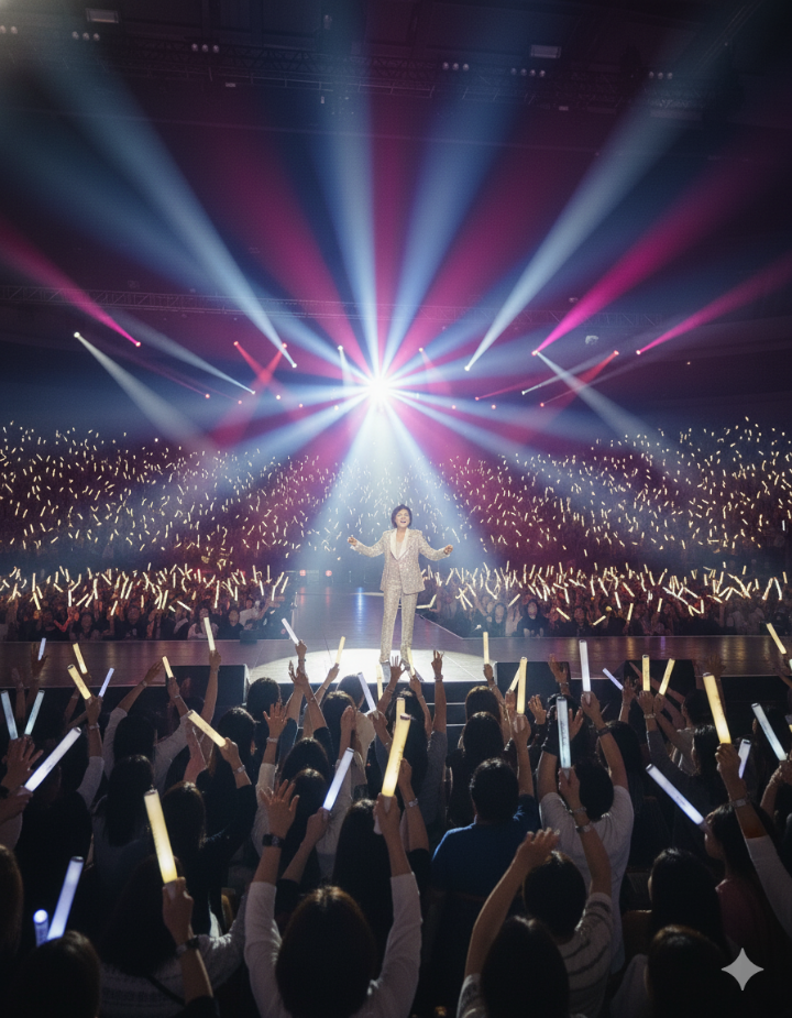 장윤정이 관객에게 손을 흔들며 웃는 사진 또는 응원봉 물결