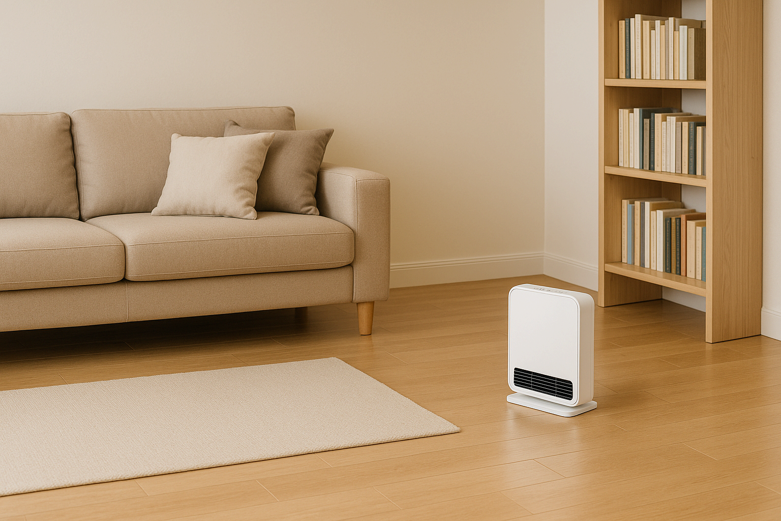 난방기 앞 공간을 확보하고 가구를 벽 쪽으로 배치한 거실