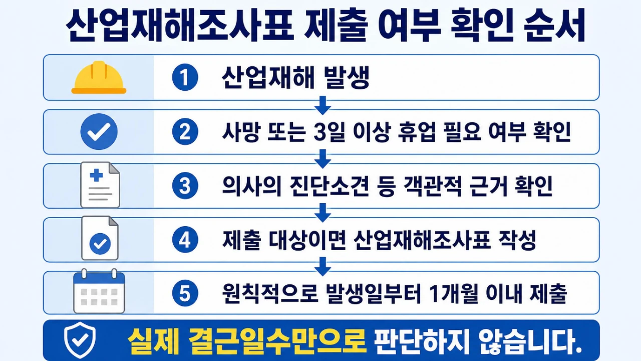 산업재해조사표 제출 대상인지 휴업 3일과 진단내용을 확인하는 순서