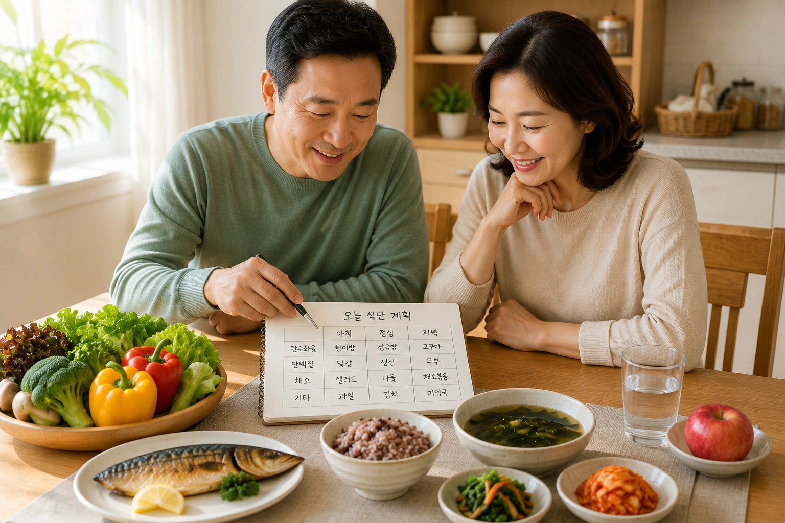 당뇨 식단 관리를 시작하기 위해 부부가 건강한 식재료와 식단 계획을 함께 준비하는 모습