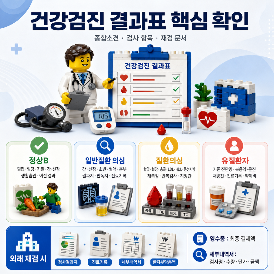 레고 스타일 의사와 검사 소품으로 건강검진 결과표의 종합소견, 검사 항목, 재검 문서를 정리한 인포그래픽