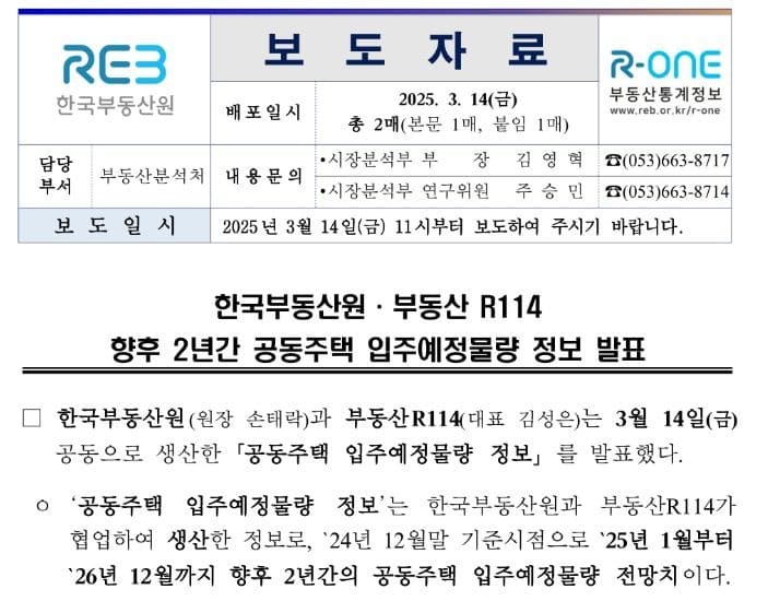 향후 2년간 공동주택 입주예정물량 정보 발표 (출처: 한국부동산원)