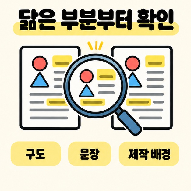 닮은 부분부터 확인이라는 제목 아래 같은 부분을 노란색으로 표시한 문서 두 장을 확대경으로 살펴보고 구도와 문장, 제작 배경을 확인하는 그림