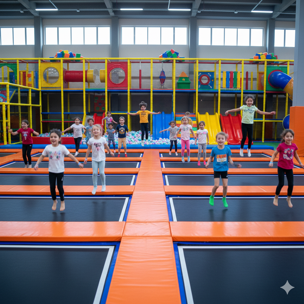 두리랜드 실내 놀이터의 아시아 최대 규모 트램펄린에서 아이들이 뛰어노는 모습