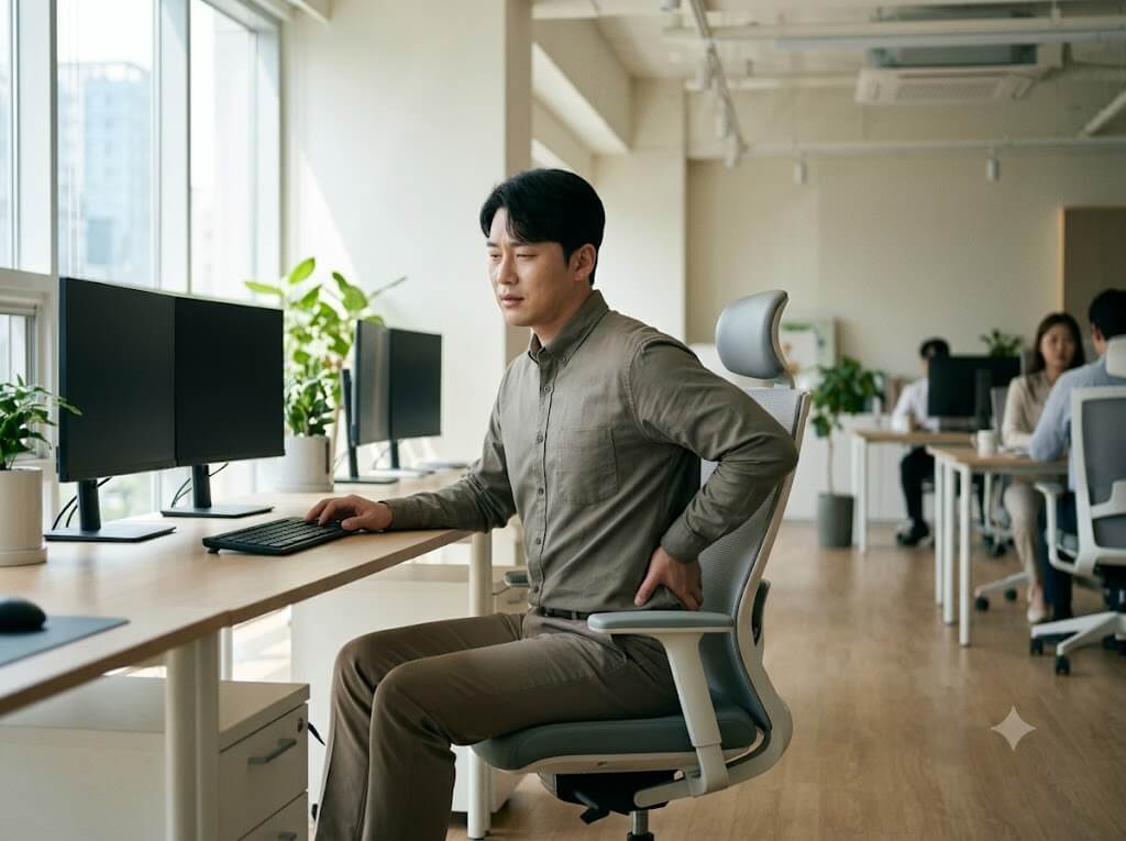 오래 앉아 일하다 엉덩이 통증을 느끼는 사무직 직장인의 모습