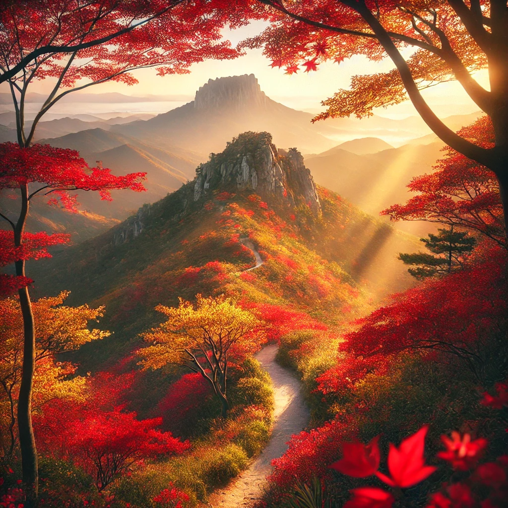 부산 장산의 가을 단풍과 산봉우리, 산책로가 어우러진 고요한 자연 풍경