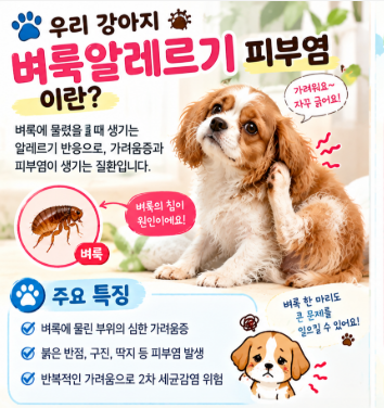강아지 벼룩알레르기 피부염 , 모르고 방치하면 긁다가 상처나 진물이 생김,붉은 반점,구진,딱지 등 피부염발생,반복적인 가려움으로 2차 세균감염