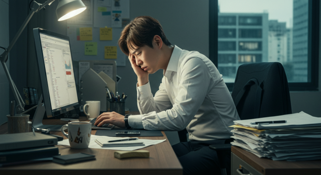 식사 후 졸음을 참지 못하는 한국인 직장인