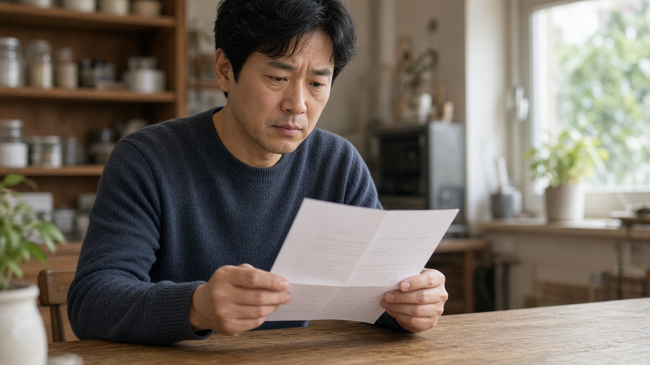 가게 카운터에서 세무서 고지서를 펼쳐 확인하는 40대 한국인 자영업자 남성