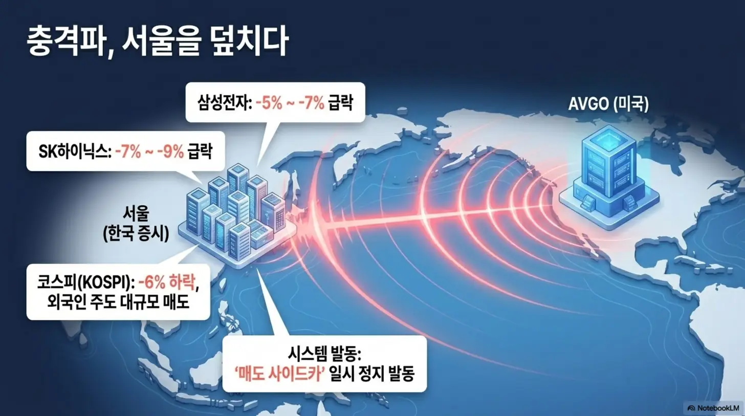 브로드컴 주가: 브로드컴 쇼크의 충격파가 서울 증시를 덮친 상황을 세계지도 위에 표현한 인포그래픽. 삼성전자 5~7%, SK하이닉스 7~9% 급락과 코스피 6% 하락, 매도 사이드카 발동을 보여주며, 브로드컴 국내 관련주 영향을 설명하는 블로그 내용과 관련됨