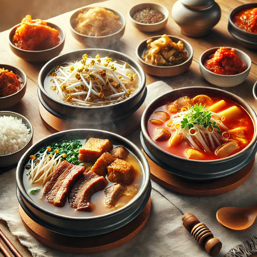 따뜻한 아침 식탁 위에 콩나물국, 뼈해장국, 선지국이 나란히 놓인 모습. 각 국물은 김이 모락모락 피어오르고, 옆에 밥과 김치가 함께 차려져 있음