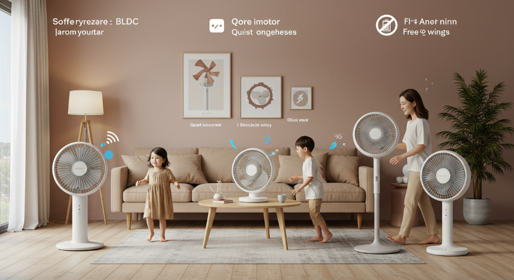 2025년 최신 BLDC, 날개없는, 무선 선풍기들이 놓인 시원하고 아늑한 거실 풍경.