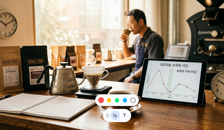 아침 햇살이 비치는 정갈한 로스팅 룸 내부의 원목 테이블 전경. 전경에는 펼쳐진 로스팅 로그북과 브루잉 커피 잔, 고스넥 포트, 드리퍼, 그리고 'ROAST PRO' 브랜드의 에티오피아 원두 봉투가 놓여 있습니다. 중앙의 태블릿 PC는 '코르티솔 수치와 시간' 및 '최적의 커피 타임' 그래프를 시각화하여 보여주고, 그 옆 탁상시계는 오전 10시를 가리키고 있습니다. 창가 쪽 배경에는 전문 로스터 마스터(Roast Master)가 창문 너머의 빛을 받으며 커피를 마시고 있으며, 오른편에는 대형 GIESEN 상업용 로스터기가 배치되어 전문적인 분위기를 자극합니다.