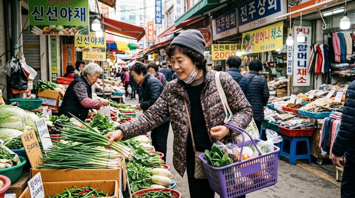 고유가피해지원금 사용처인 전통시장에서 생활비를 절약하며 장을 보는 장면