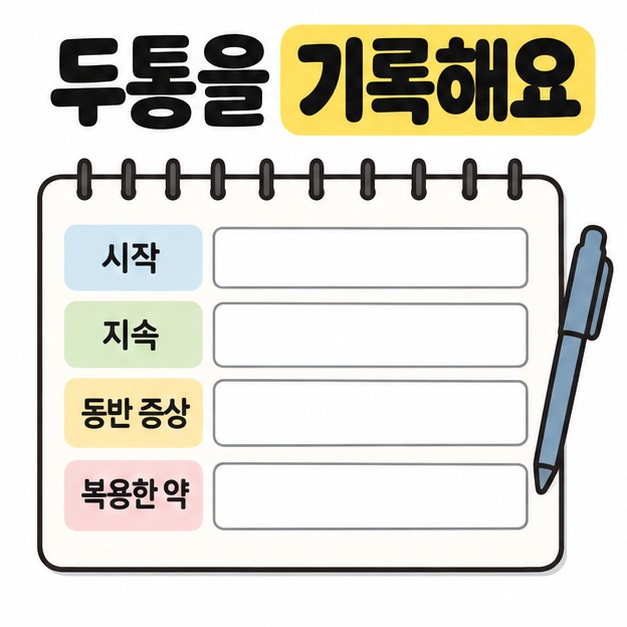 두통을 기록해요라는 제목 아래 시작 지속 동반 증상 복용한 약 항목과 빈 기록 칸이 있는 노트가 보인다.