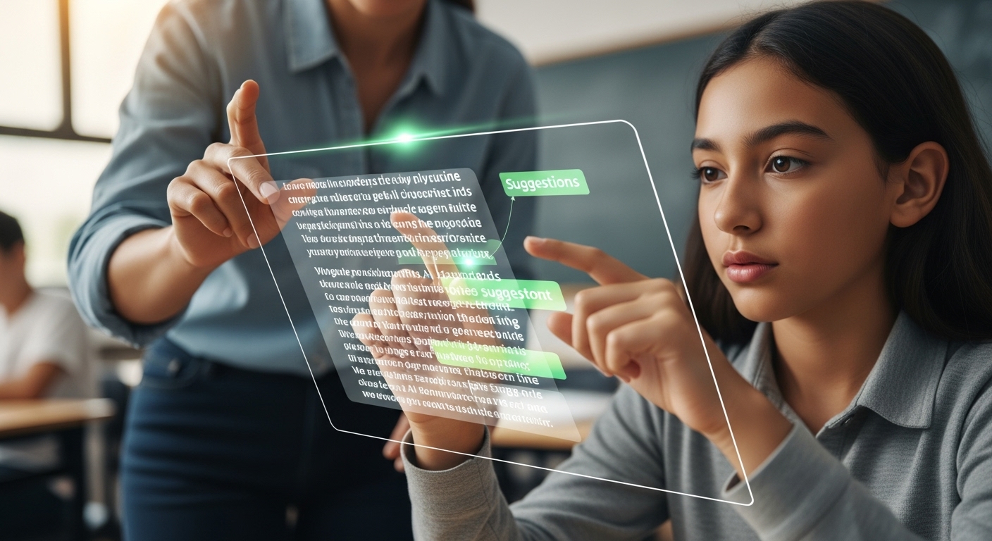 홀로그램 화면을 통해 AI와 함께 글쓰기를 배우는 교사와 학생의 모습