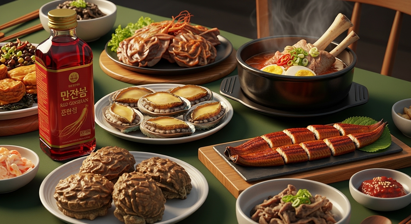 따뜻하고 건강한 겨울철 기력 회복 보양식들이 풍성하게 차려진 식탁