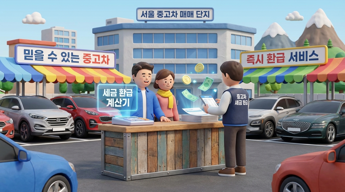중고차 매매 시 자동차세 환급금을 계산하고 거래하는 모습
