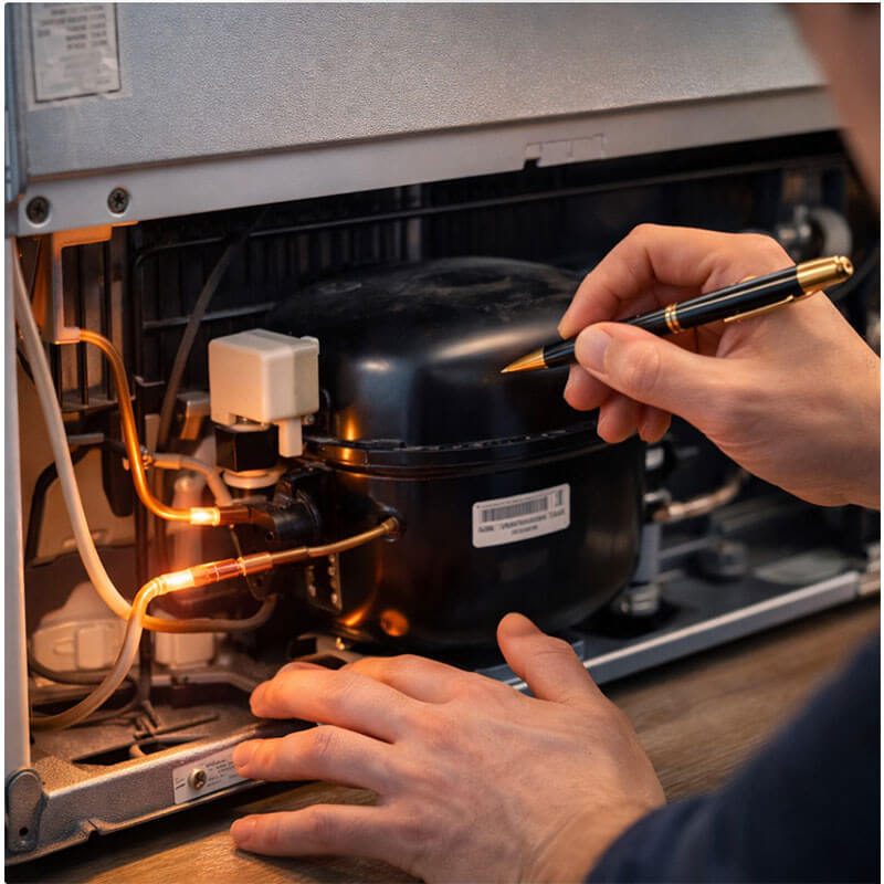 냉장고 컴프레서 작동과 발열 구조를 점검하는 장면