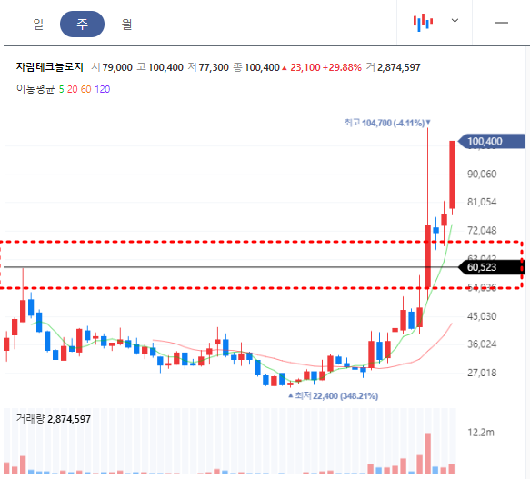 자람테크놀로지 주봉차트