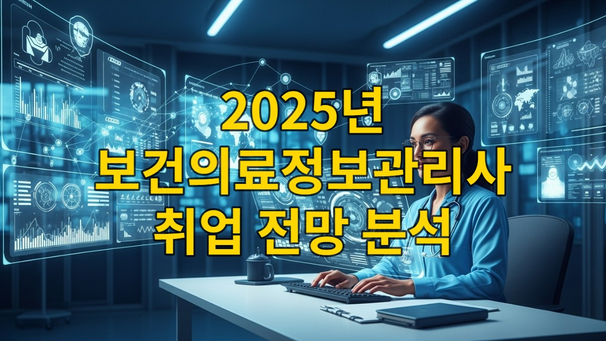 미래 지향적인 의료 정보 관리 센터에서 복잡한 의료 데이터를 분석하고 있는 보건의료정보관리사의 모습. 보안과 분석의 중요성을 강조하는 디지털 인터페이스와 청색 톤의 전문적인 분위기를 담고 있습니다.