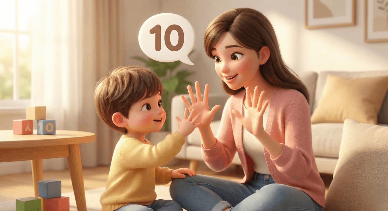 손가락을 펴고 엄마와 함께 숫자 10을 만들기 위해 손가락 개수를 맞춰보는 모습 (3D 일러스트)