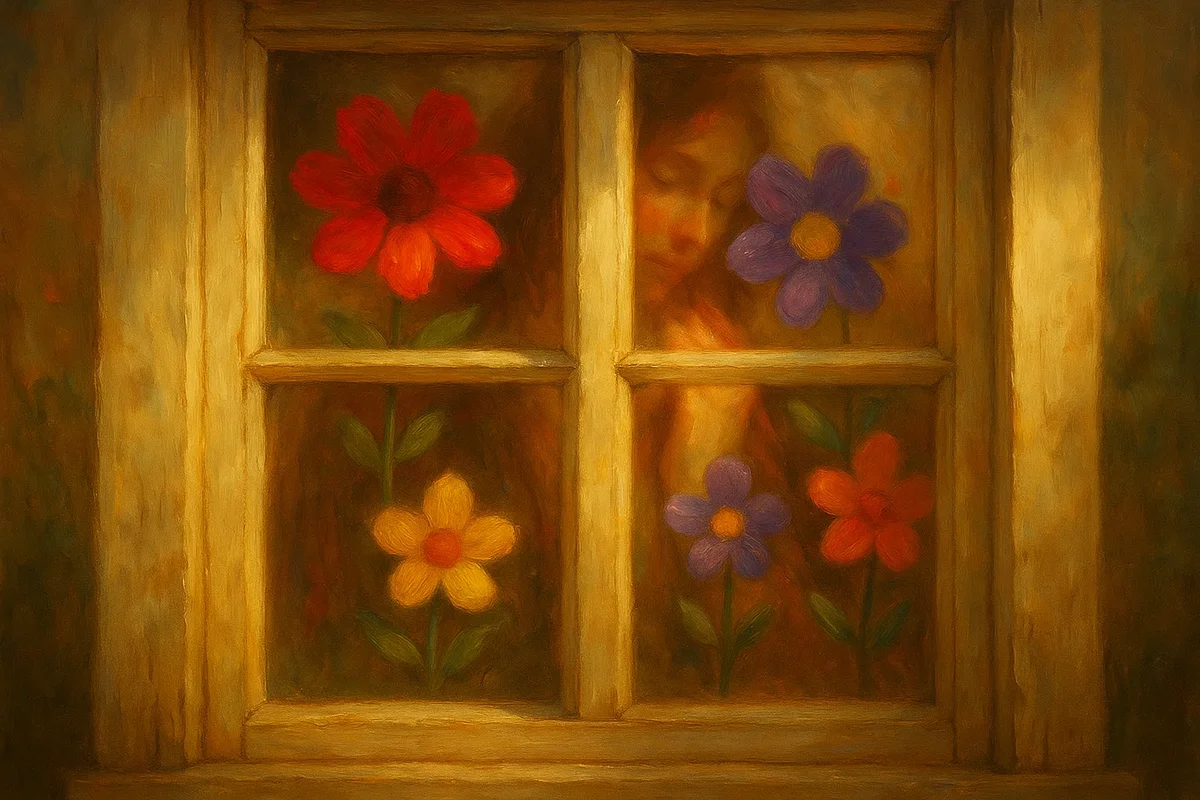 창가 너머 부드러운 빛과 꽃을 배경으로 선 여성