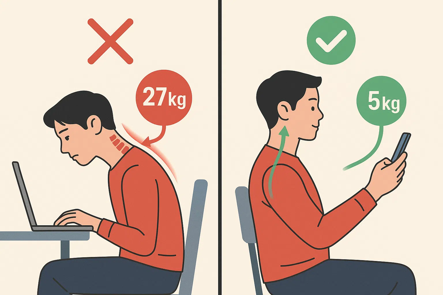 컴퓨터와 스마트폰을 장시간 사용하는 사람들, 잘못된 자세와 올바른 자세를 비교, 목에 가해지는 하중