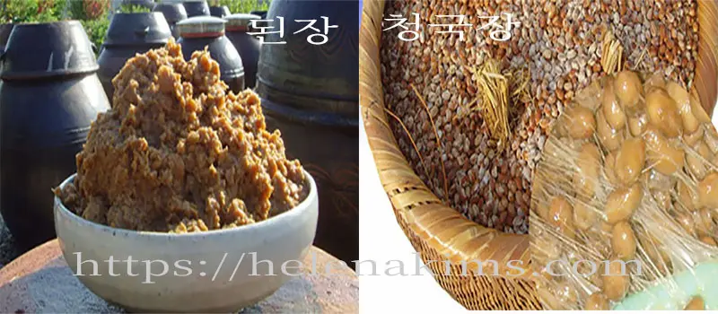 항아리가 있는 장독대에 된장 한 그릇이 놓여 있고, 왼쪽에는 대나무 바구니에 청국장을 띄우고 있는 이미지.