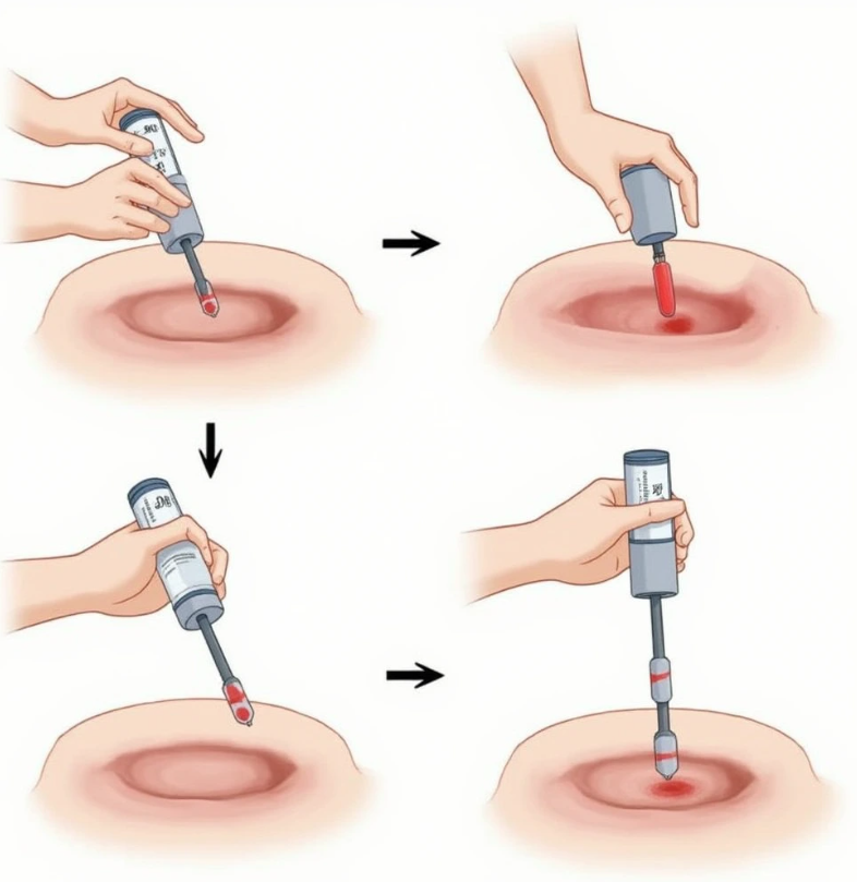 PRP 치료 과정을 보여주는 단계별 의학 일러스트레이션, 혈액 채취부터 주사까지