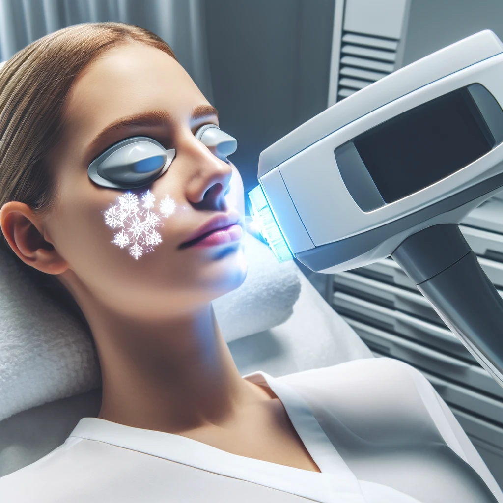 클리닉에서 얼굴에 레이저 토닝 시술을 받는 모습. 레이저 장치와 치료 중인 부위에 초점이 맞춰져 있으며, 깨끗하고 안전한 환경에서 시술이 진행되는 모습