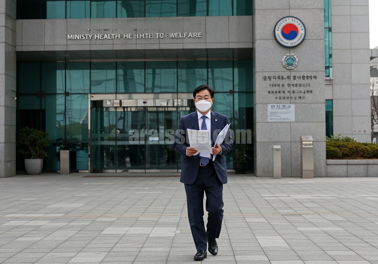 보건복지부 건물 앞에서 건강보험 재정 관련 서류를 들고 나오는 한국 정부 직원의 모습. 현대적인 공공기관 외관과 유리문, 안내 표지 등이 배경을 가득 채우며, 정책 실행의 상징적 장면을 표현한 이미지.