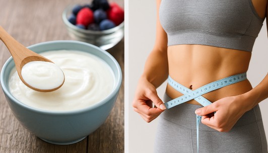 장 건강을 상징하는 요거트와 베리, 그리고 체중 관리를 위해 허리둘레를 측정하는 여자의 모습