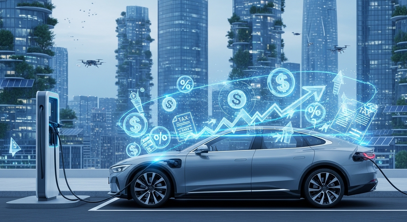 2025년 전기차 구매 시 받을 수 있는 다양한 세금 혜택을 상징하는 전기차 충전 장면.