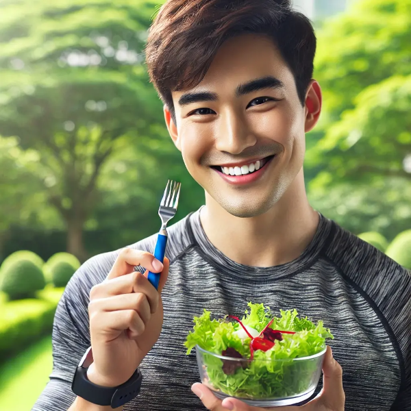 건강한 젊은 아시안 남성이 샐러드를 먹으며 혈당 관리를 하는 모습