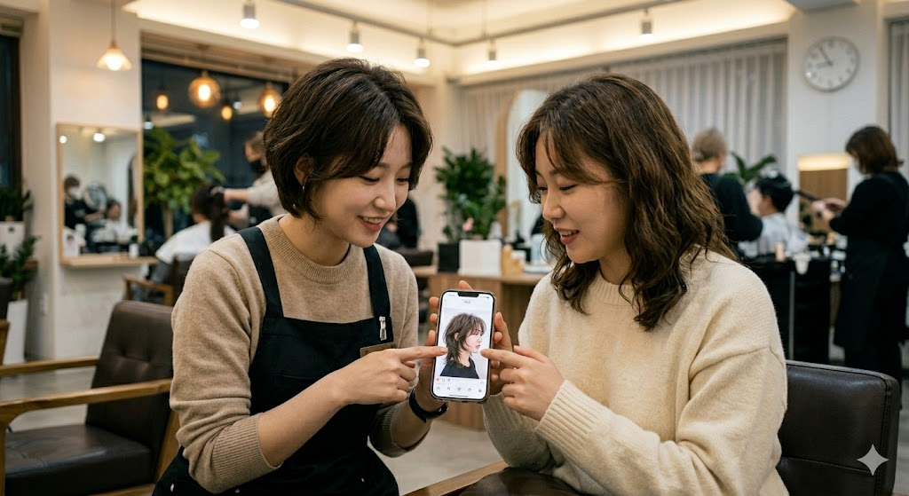 고객이 스마트폰으로 사진을 보여주며 디자이너와 상담하는 다정한 모습
