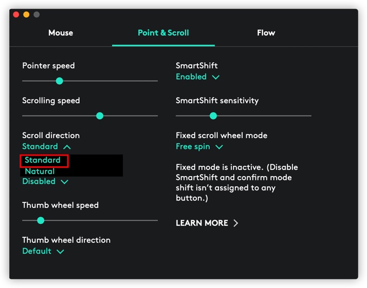 로지텍 옵션 마우스 스크롤 방향 설정