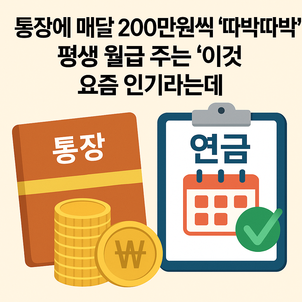 “통장과 연금 캘린더 아이콘, 금화가 함께 배치된 이미지로 매달 200만원씩 들어오는 오피스텔 주택연금 개념을 표현한 일러스트”