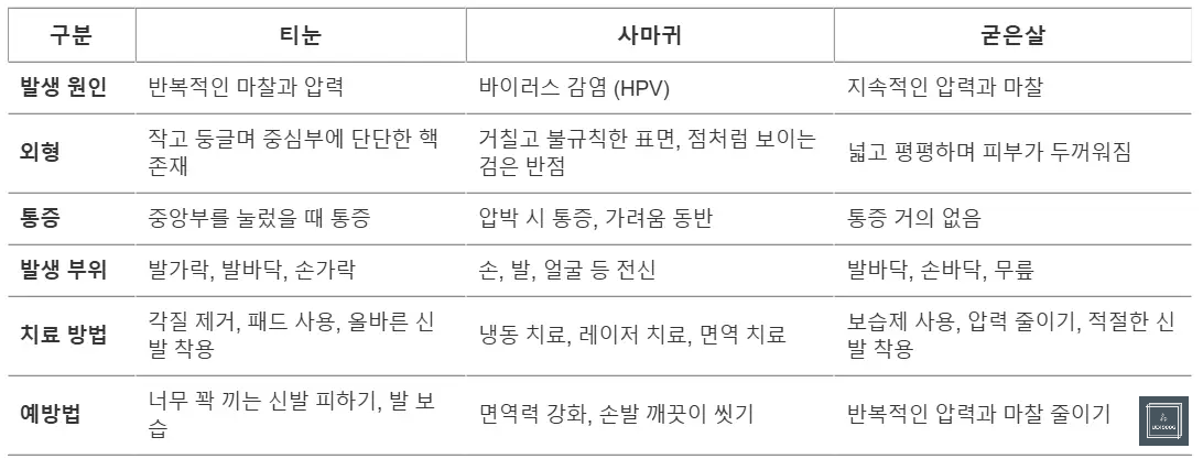티눈-굳은살-사마귀-차이표