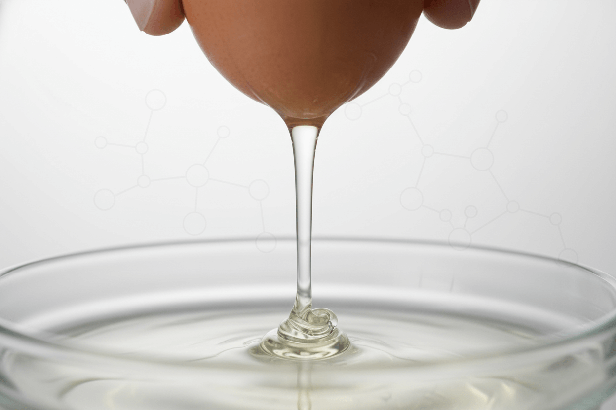 계란 흰자(난백)에서 투명한 점성이 있는 액체가 그릇으로 떨어지는 클로즈업