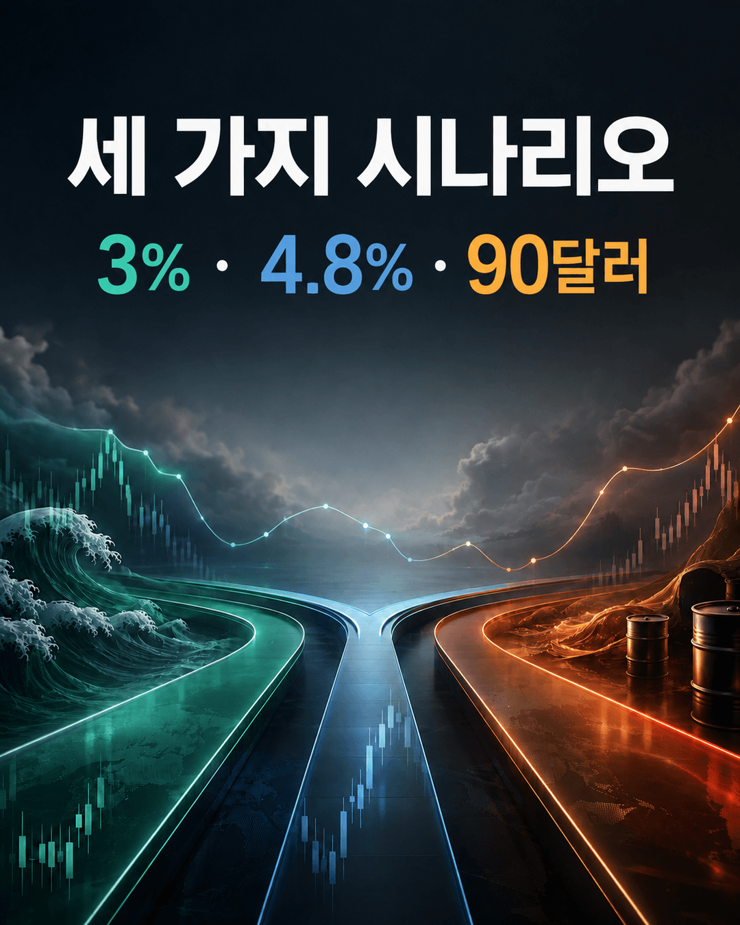 일본 10년물 3% 미국 10년물 4.8% 브렌트유 90달러의 세 가지 시장 시나리오 카드