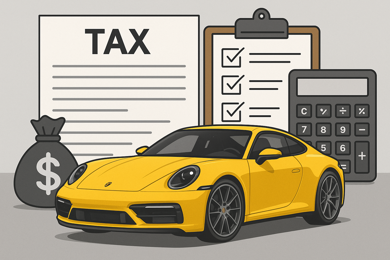 노란색의 멋진 스포츠카와 세금관련서류가 배경으로 있는 이미지