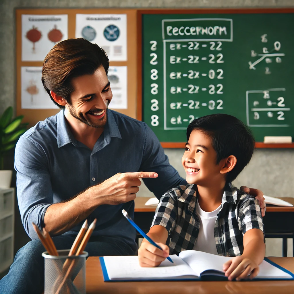선생님이 학생의 수학 문제 해결을 칭찬하는 모습