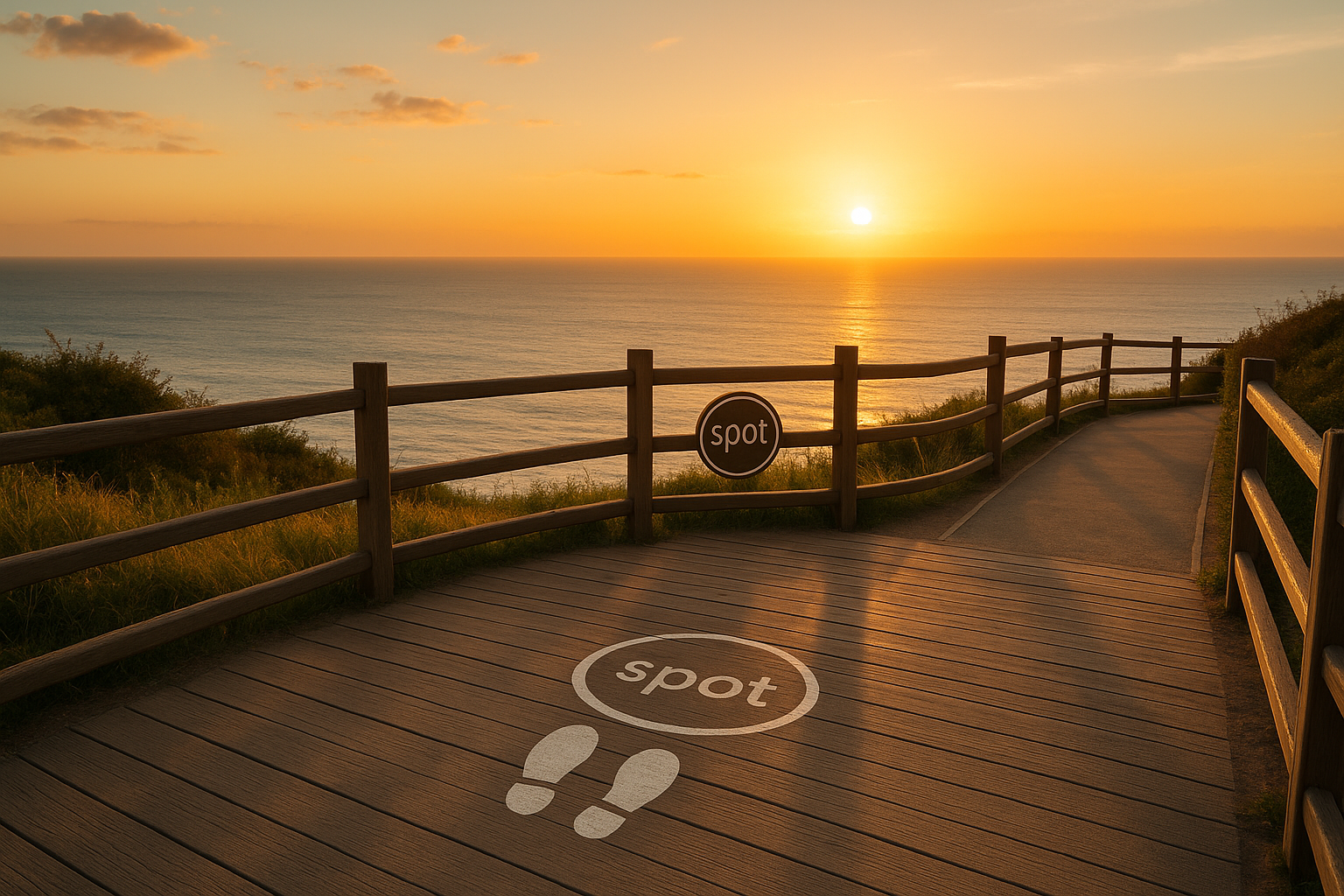 "상부 시점의 보행 동선: 목적지로 밝아지는 바닥 그라데이션, 중앙 축의 작은 랜드마크와 대칭 뷰 코어, 좌측 S자 대기열·중앙 촬영 구역·우측 퇴장 통로로 분리, 밴티지 포인트 아이콘"