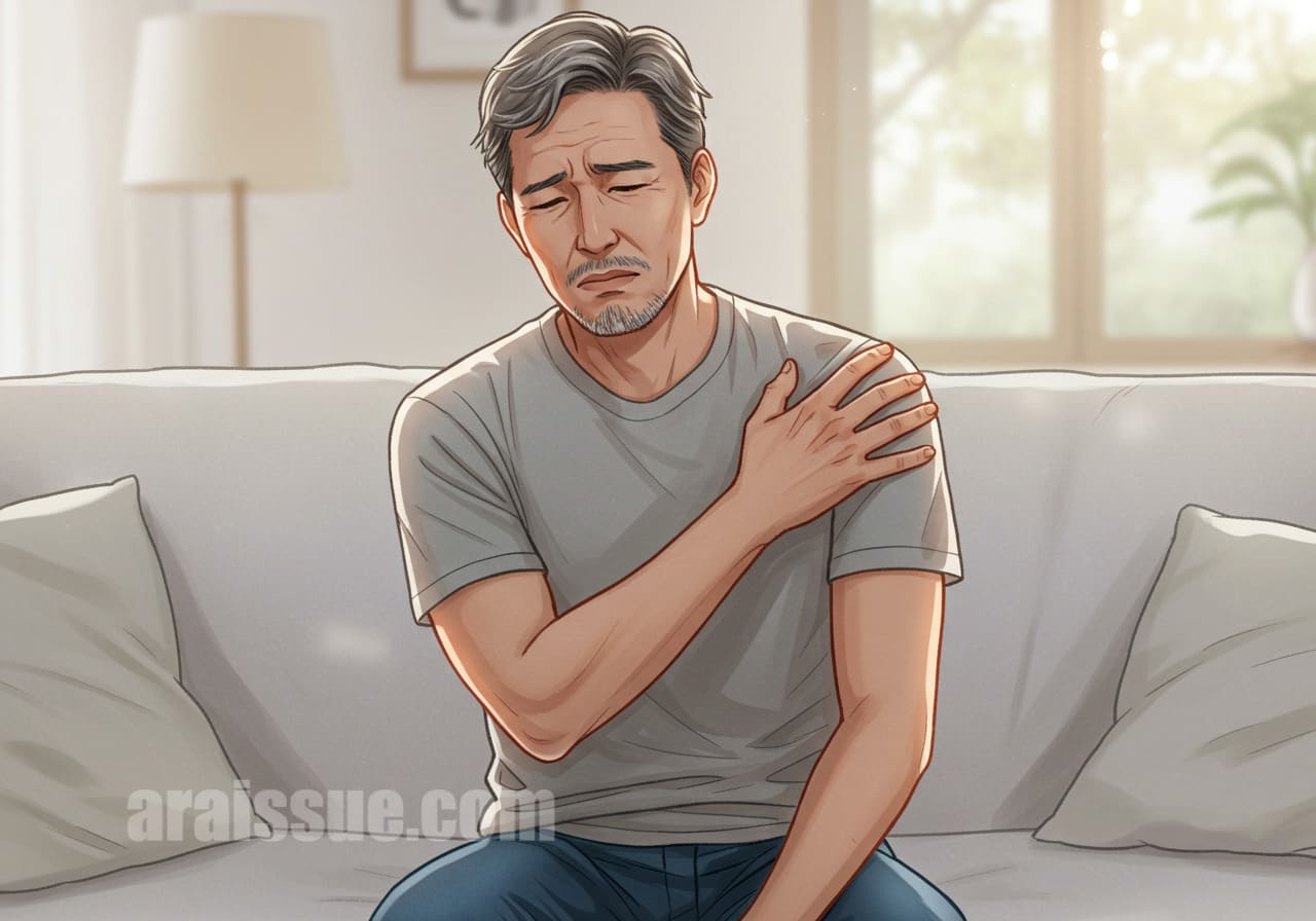 중년 남성이 만성염증으로 어깨를 짚고 고통스러워하는 모습