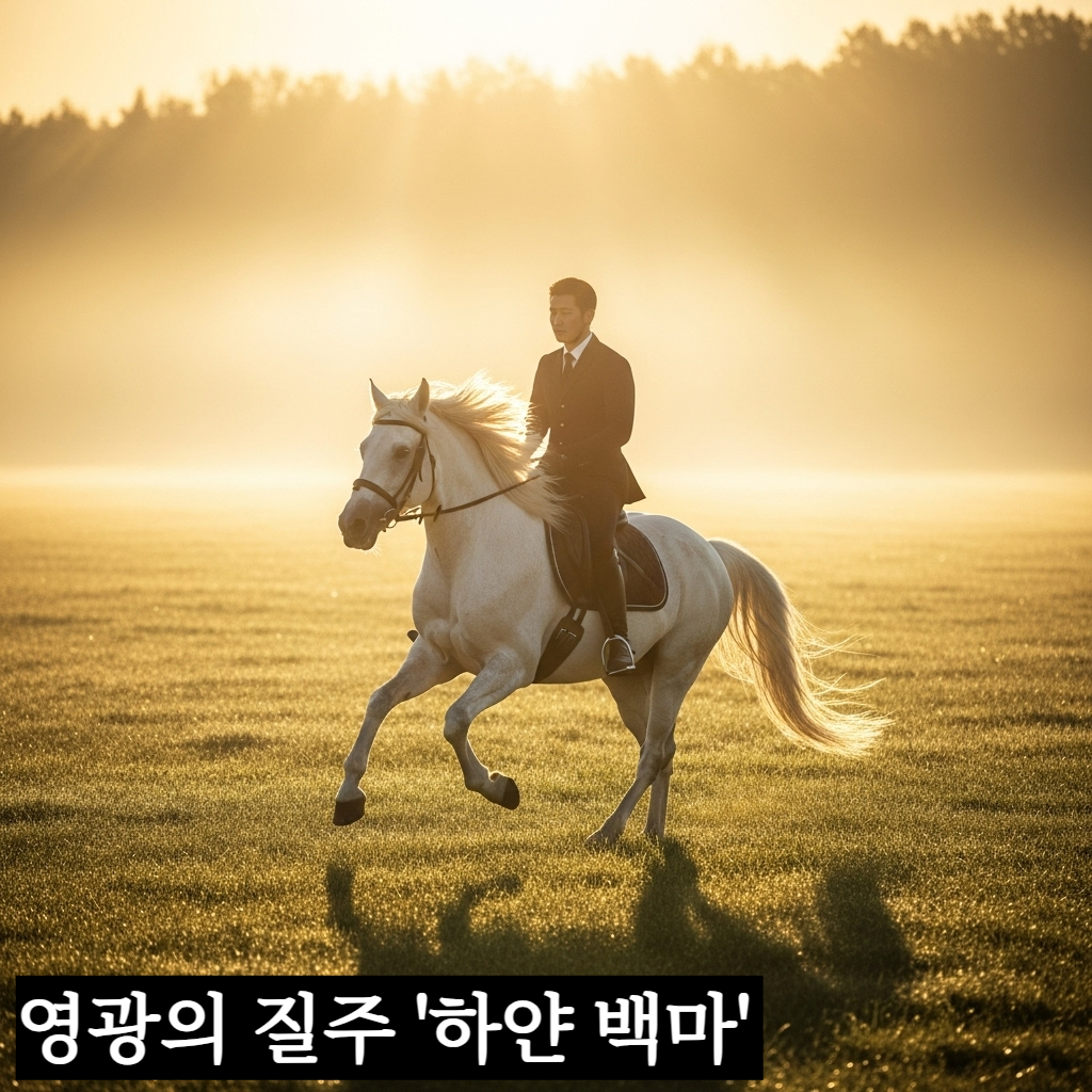 눈부신 아침 햇살이 내리쬐는 광활한 초록빛 초원 위를 하얀 백마를 탄 한국인 남성 리더가 자신감 있게 질주하고 있는 장엄하고 풍요로운 분위기의 일러스트