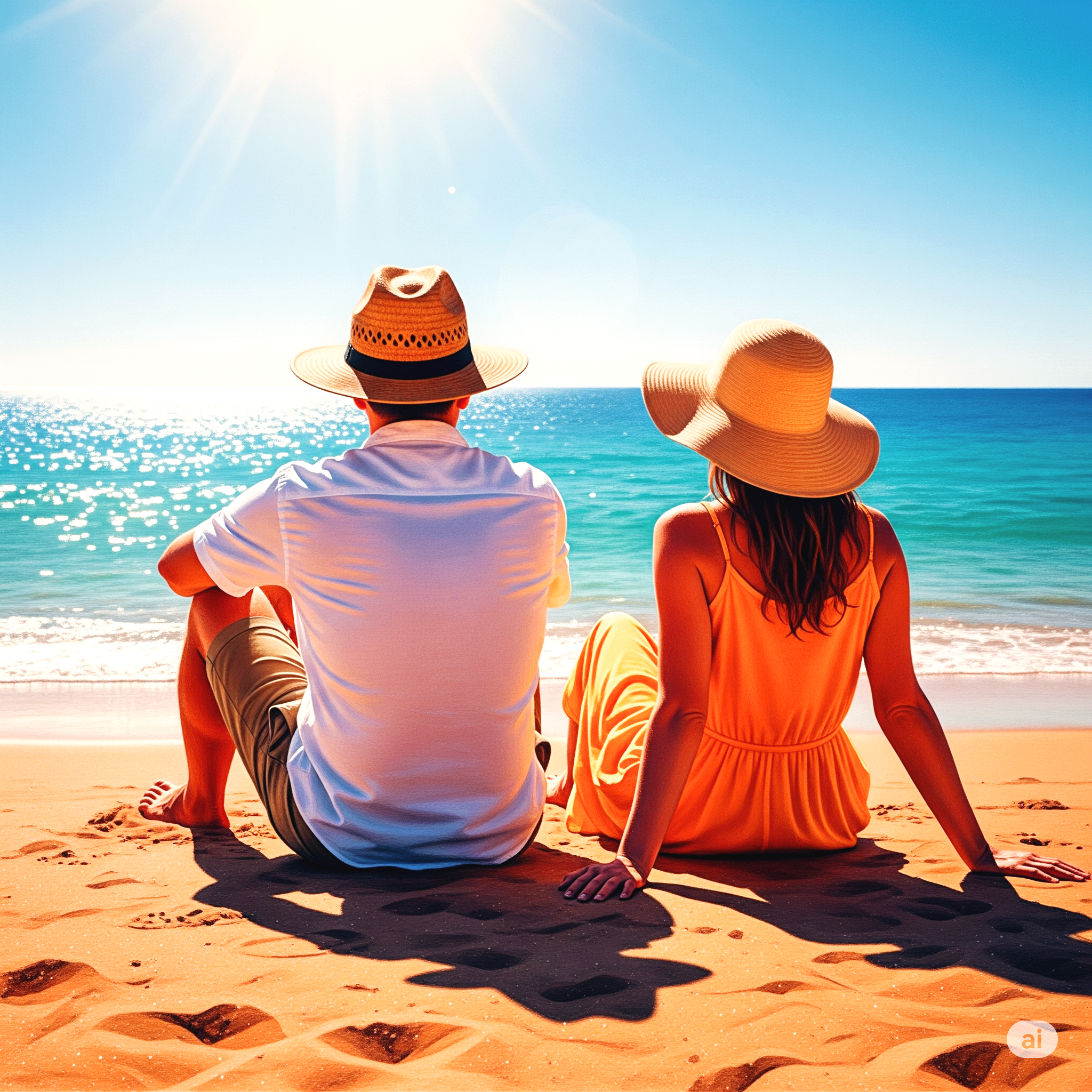 작열하는 태양 아래 앉아 있는 남녀